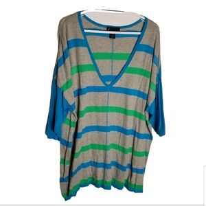 Lane Bryant Sweater Women's 18/20 V Neck Blue Green Striped 100% Cotton Knit